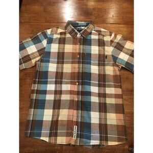 Kavu Button-Up Shirt Men's Medium Short Sleeve Blue Yellow Pockets Hiking